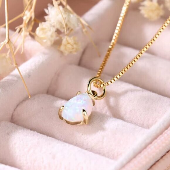 NEW 18k Yellow Gold White Fire Opal Necklace Tear Drop Opal Pendant Necklace - Picture 2 of 5